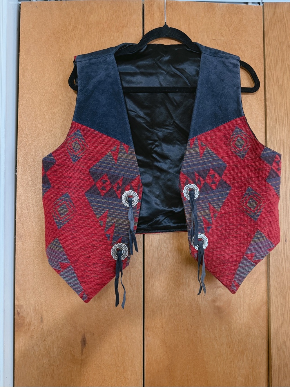 Vintage DION Red Patterned Western Vest with Suede Trim